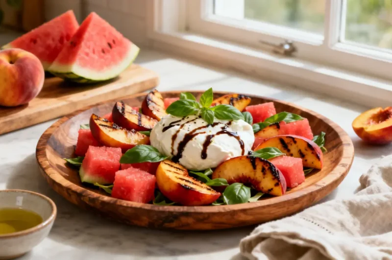Watermelon and grilled peach burrata salad